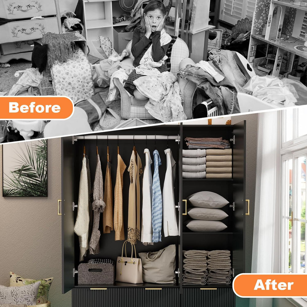 PAKASEPT Armoire Wardrobe Closet with 3 Door, Mirror, LED Lights