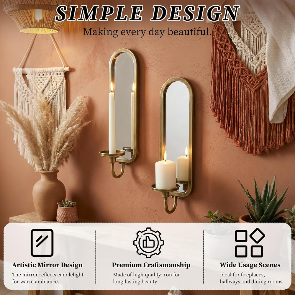 Wall Candle Sconces Arched Metal Candle Holder with Mirror Set