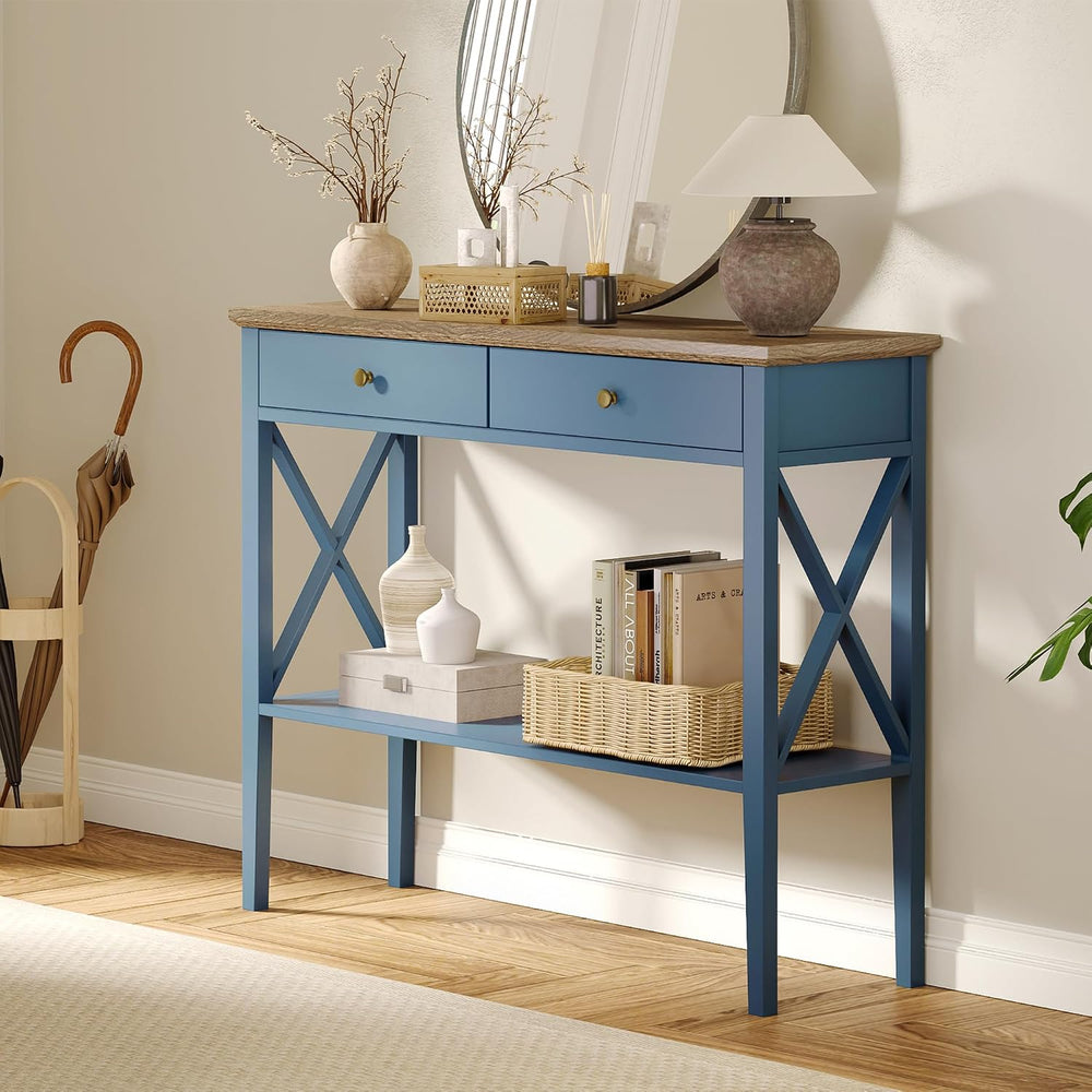 ChooChoo Console Table with Drawers, Narrow Wood Accent Sofa Table Entryway T...