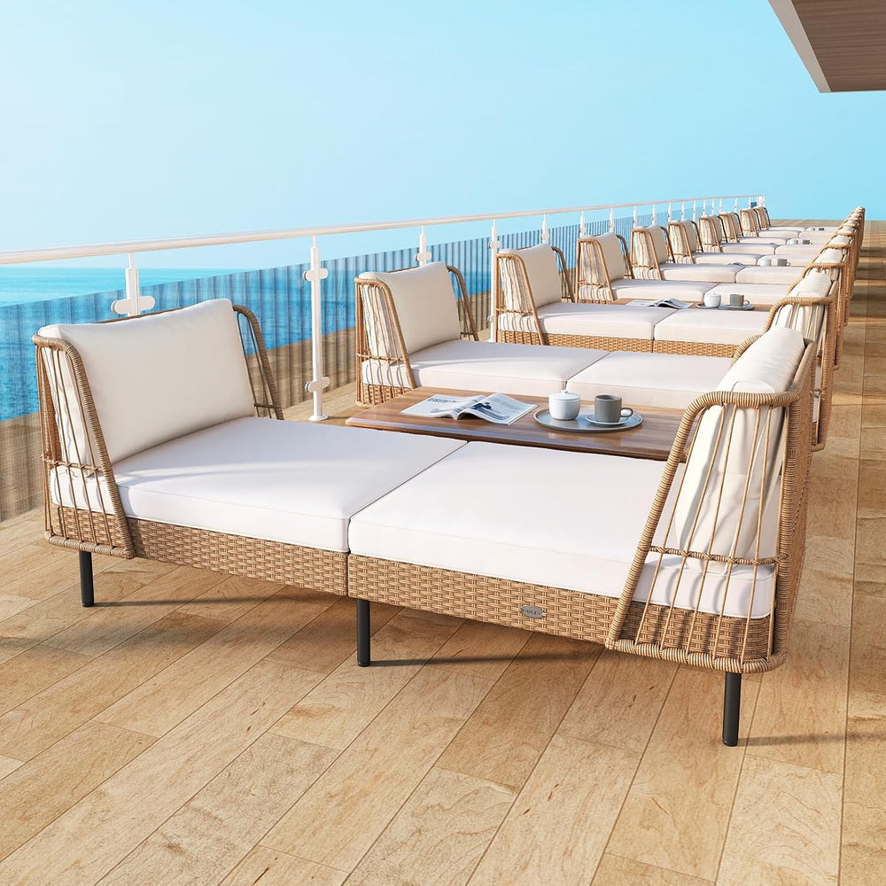 Tangkula Patio Rattan Daybed, Boho Wicker Lounge Sofa, Natural & Off White