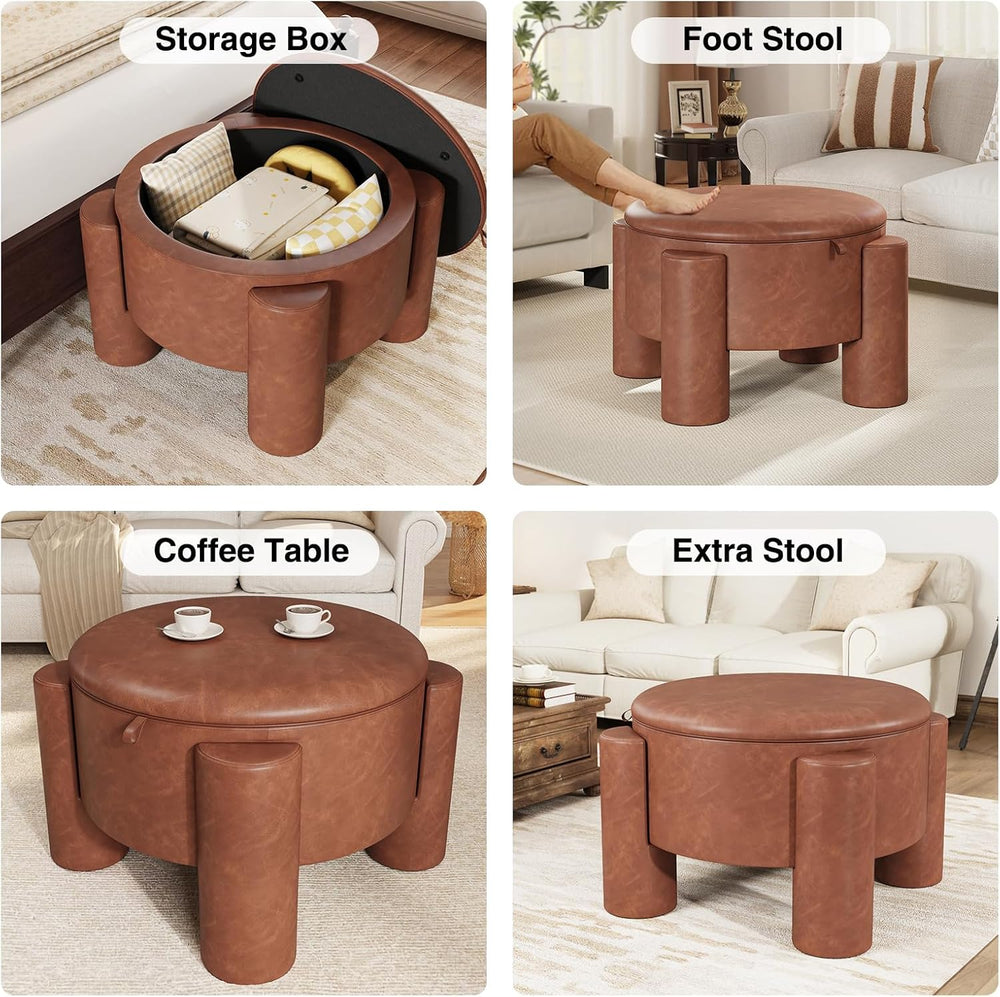 FiveWillowise 24 Inch Small Round Ottoman with Storage,Faux Leather