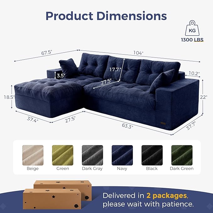 MAXYOYO 104" L Shaped Modular Sectional Sofa with Ottoman, Tufted Bonele...