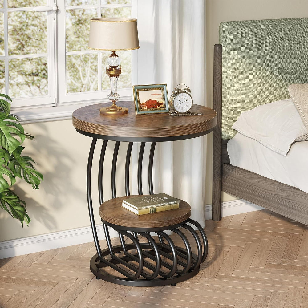 LITTLE TREE Round Side Table, Wood End Table with 2-Tier Storage Shelf, Accen...