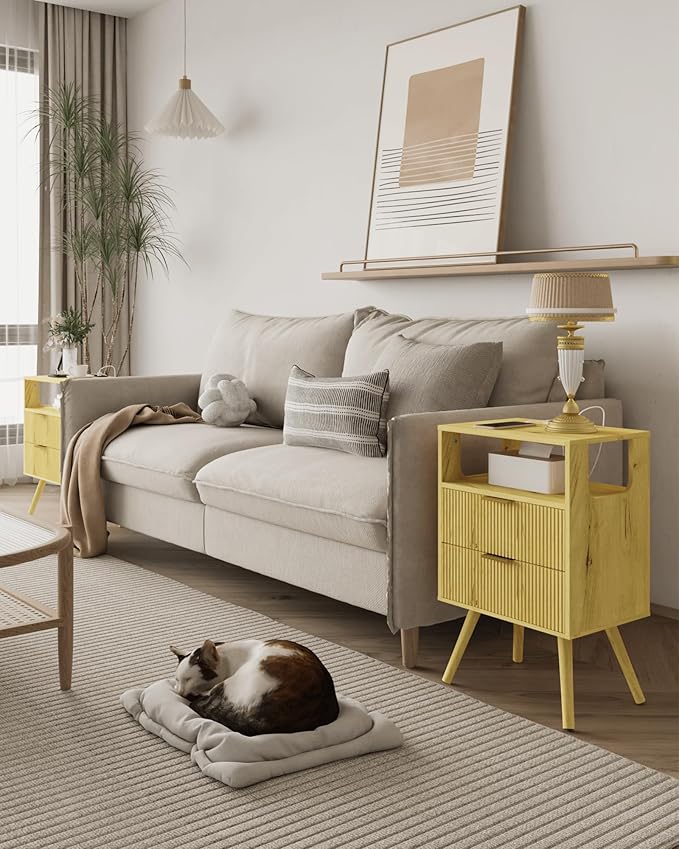 Nightstand with Charging Station and LED Lights,Modern Bedside Table with 2 S...