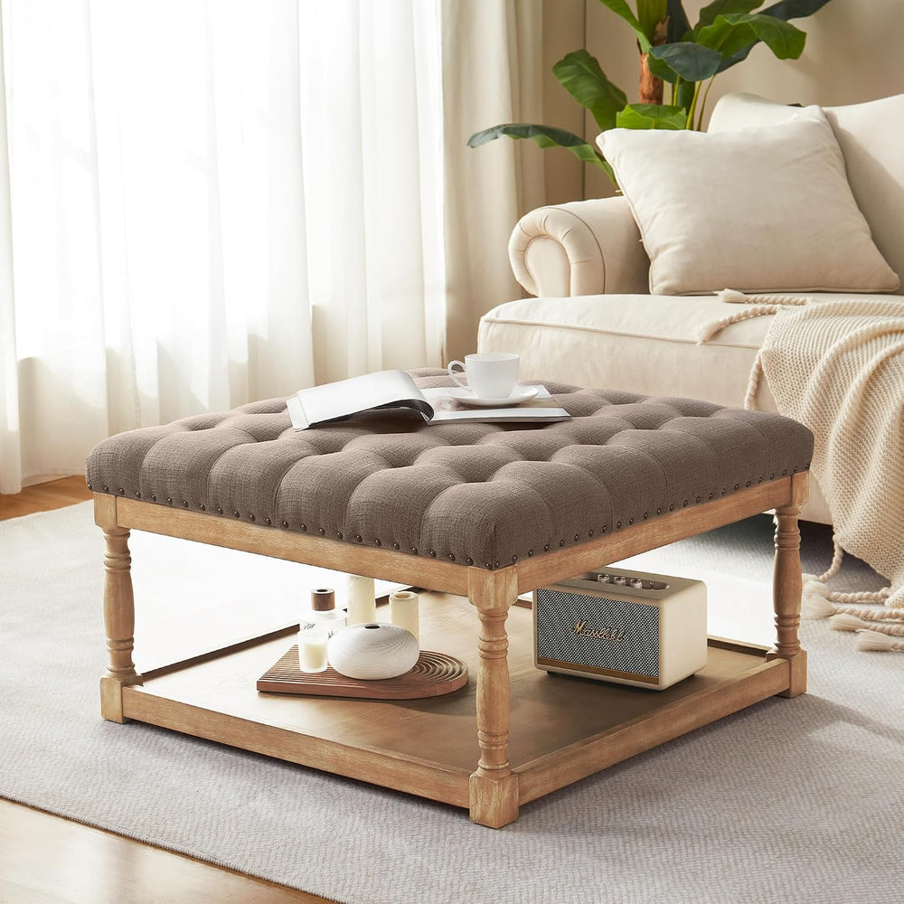 HUIMO 33-inch Square Ottoman Coffee Table, Large Storage Ottoman (Brown) | Tu...