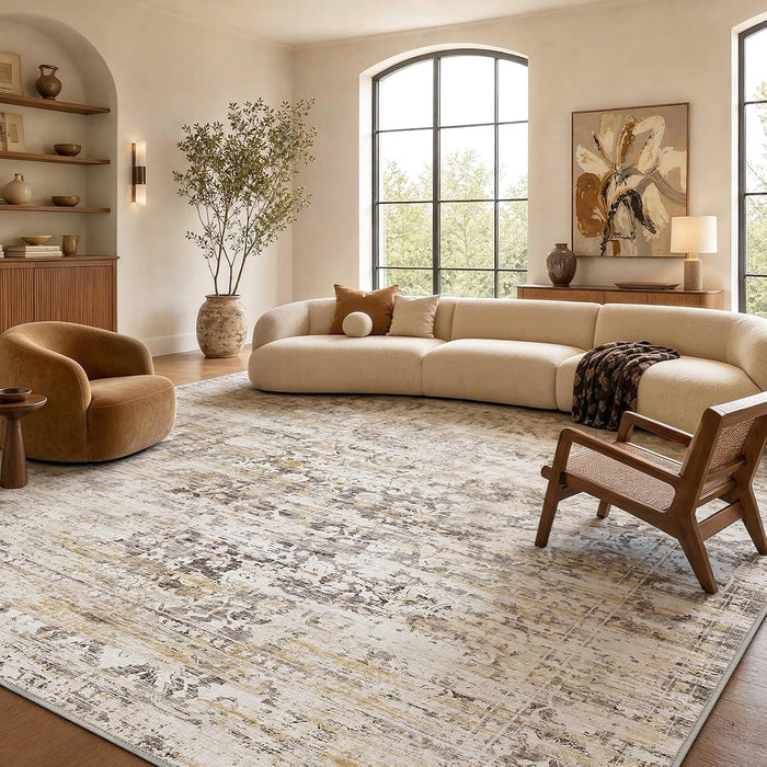 Amada 8x10 Washable Area Rug for Living Room, Beige, Vintage & Abstract