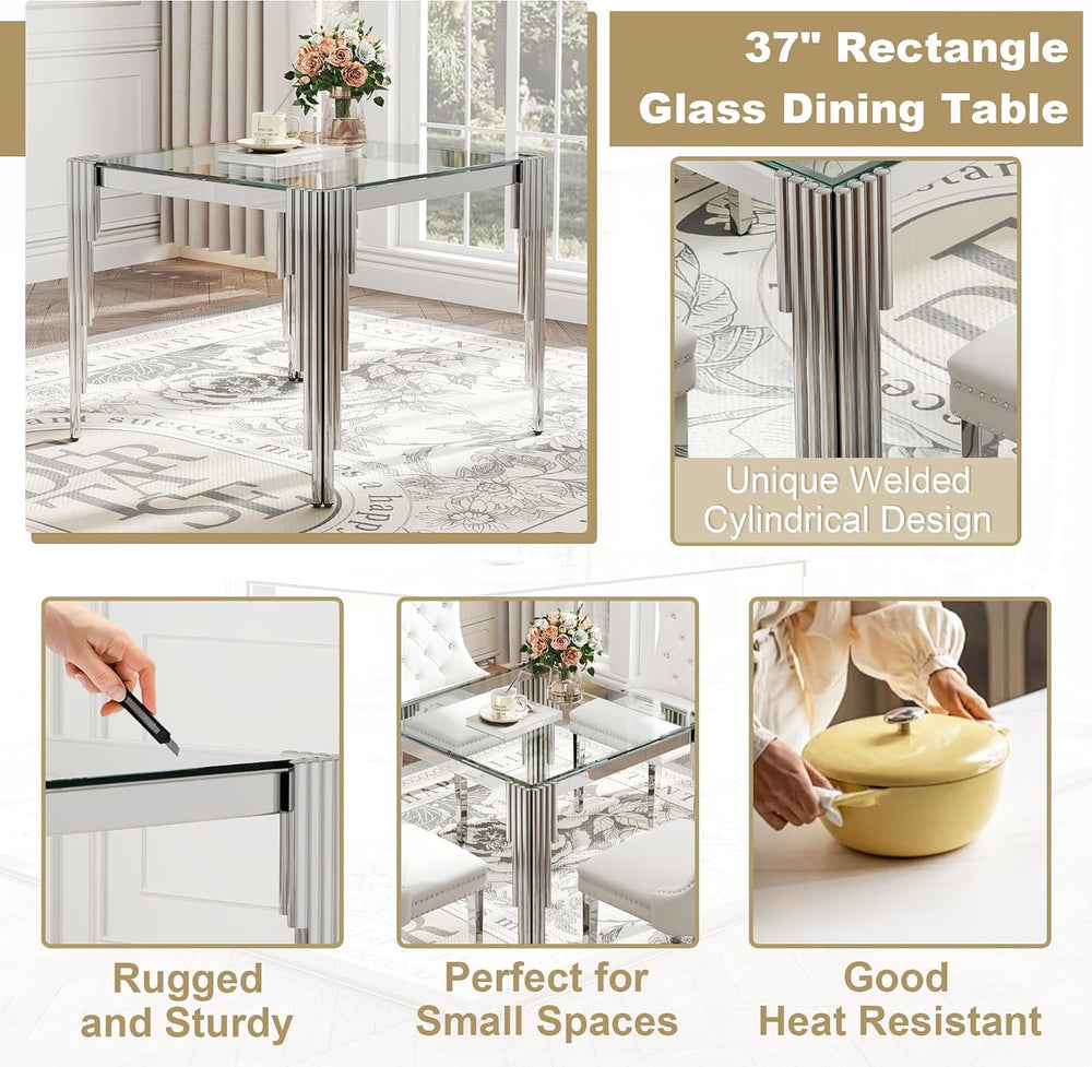 Modern Square Glass Dining Table for 4 People, Compact 37" Clear Tempere...