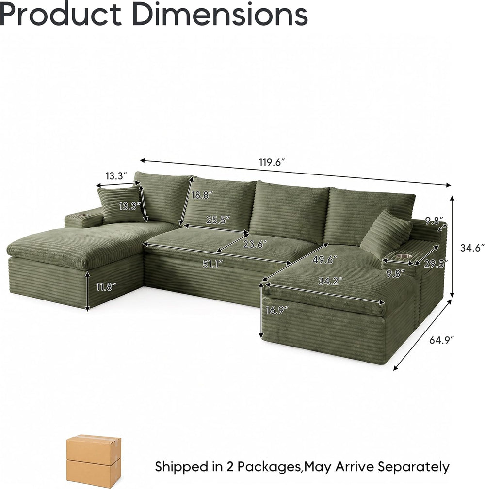 120" Modular Sectional Sofa, U-Shape Boneless Couch, Green