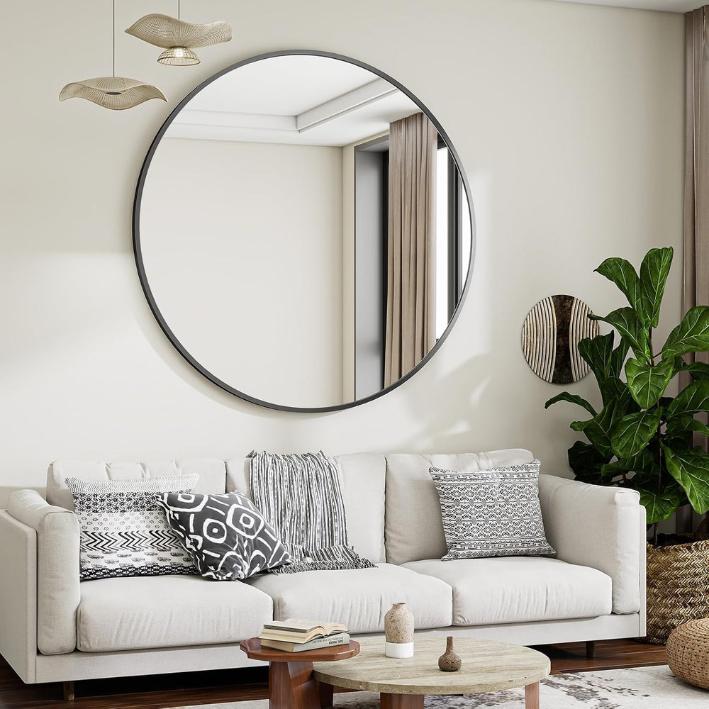 VooBang Large Black Round Bathroom Mirror 48" with Thin Metal Frame
