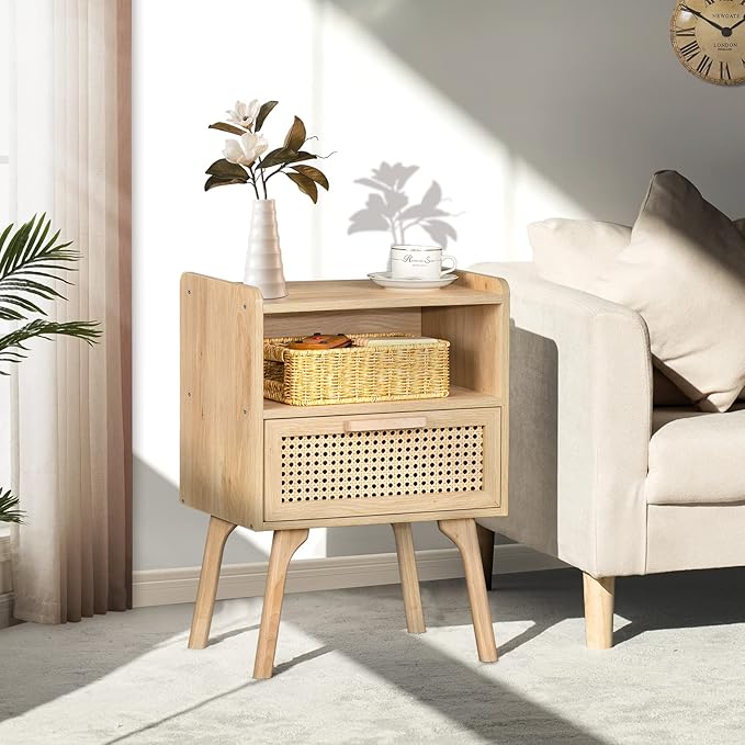 Lerliuo Rattan Nightstands Set of 2, Boho Side Table with Drawer Open Shelf, ...