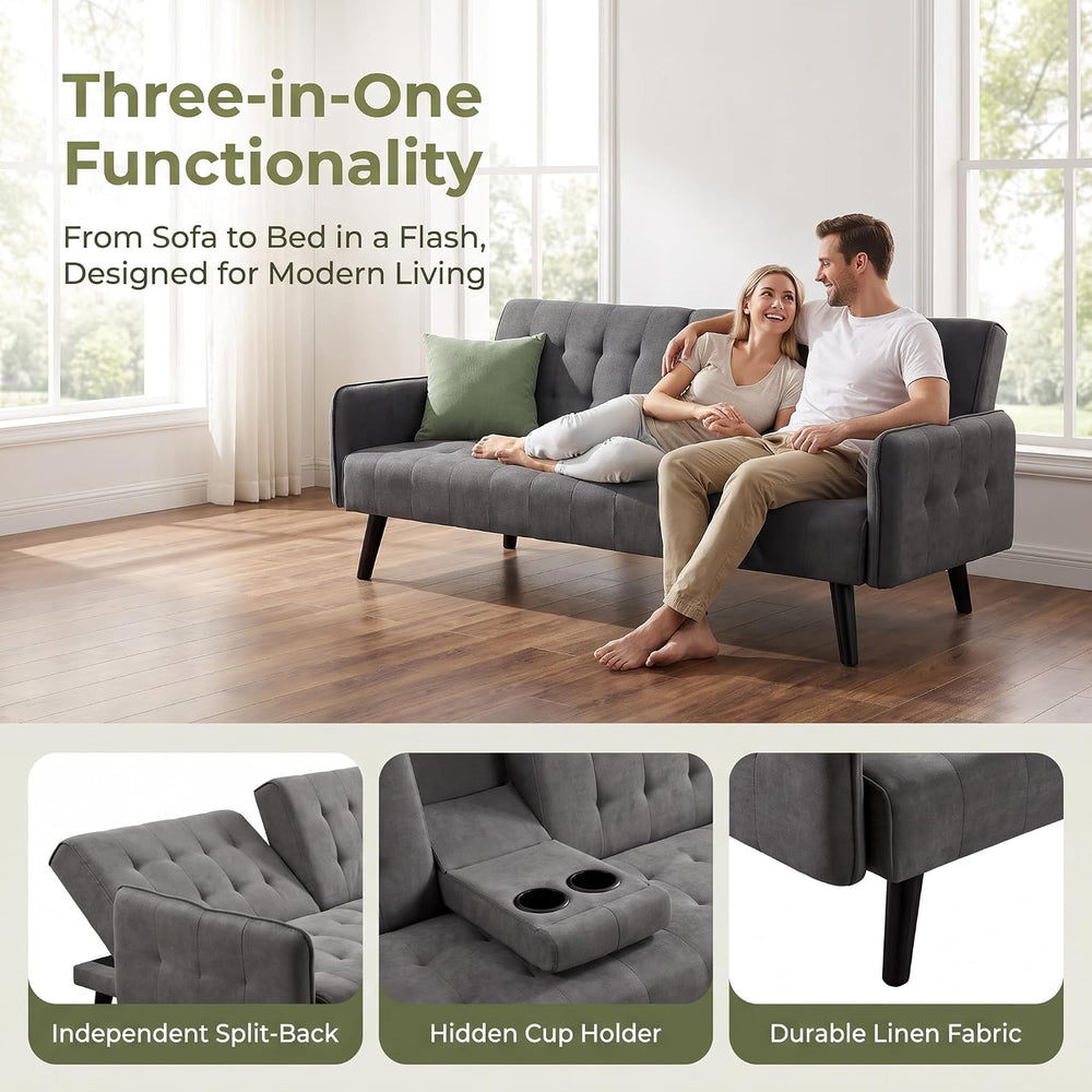 72" Futon Sofa Bed, Convertible Sleeper Sofa with Cup Holder, Gray