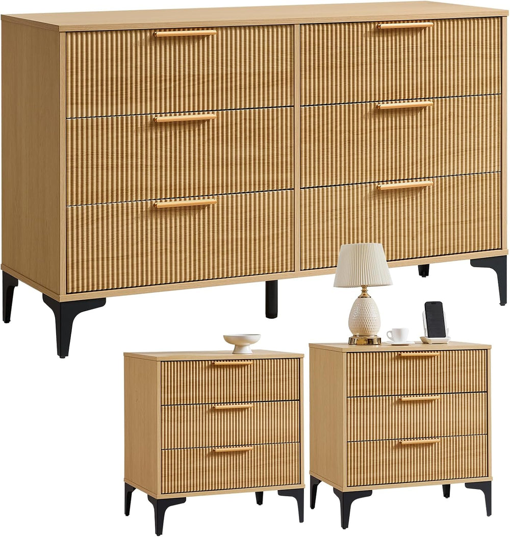 3 Pieces Dresser Bedroom Set, 6 Drawer Dresser & 3 Drawer Nightstand of 2
