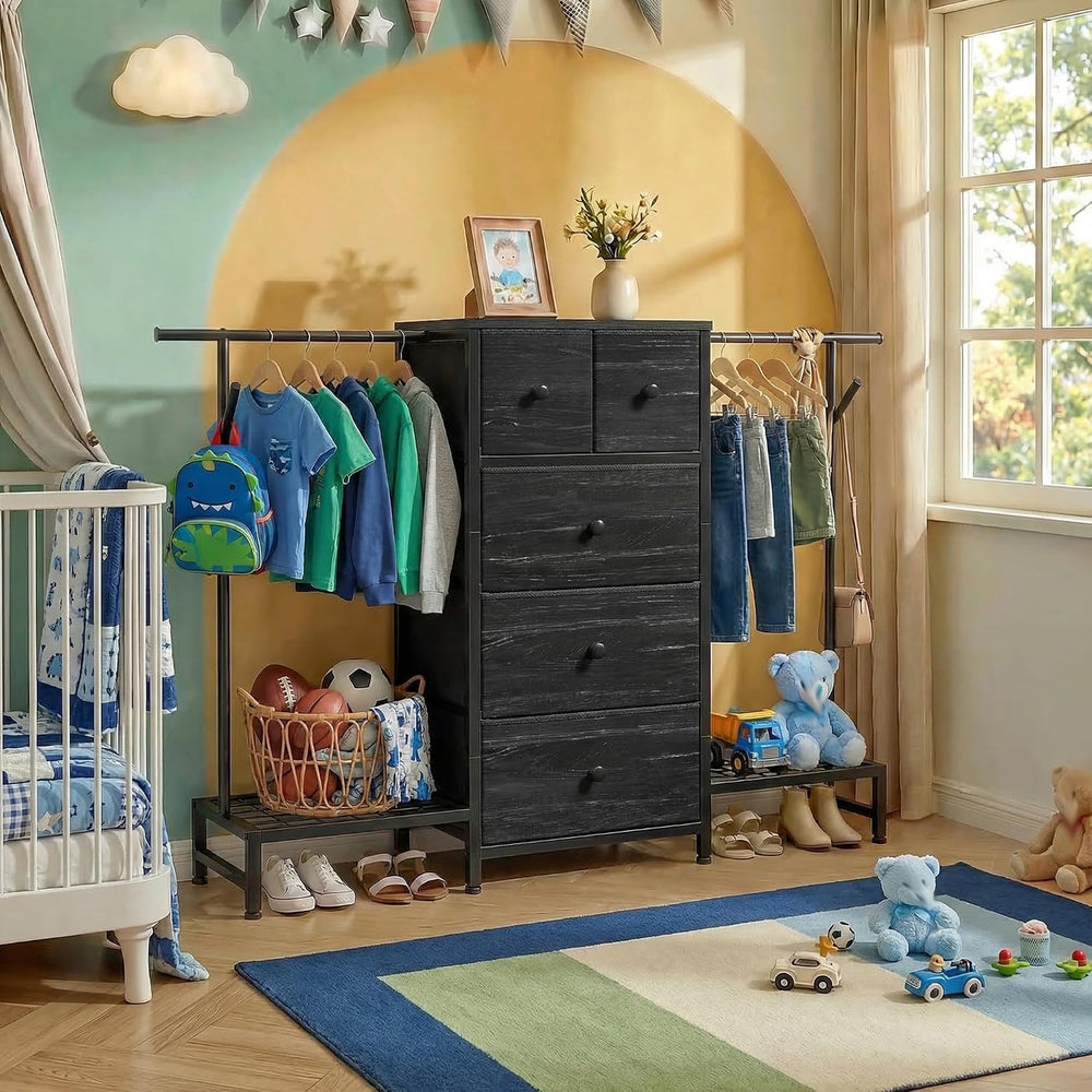 3-in-1 White Dresser with Hanging Rack, 5 Drawers & 2 Shoe Racks