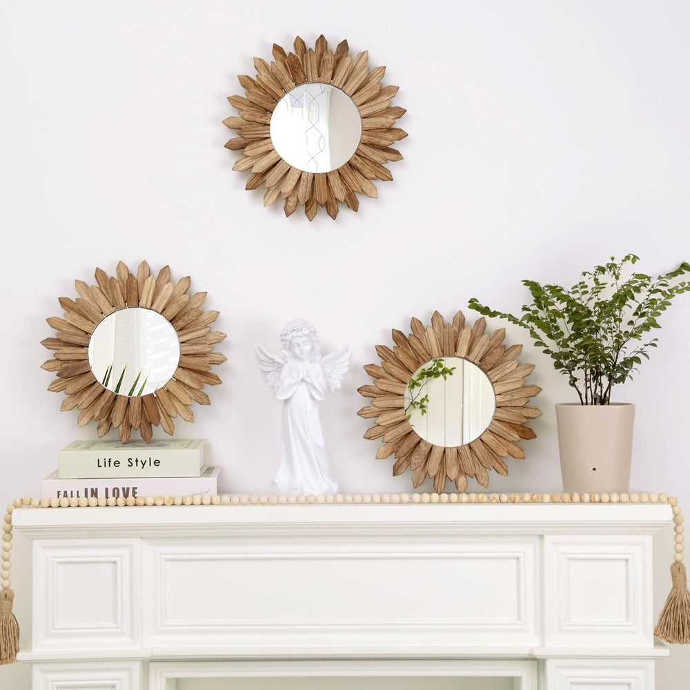 LOSOUR Boho Wall Decor Sunburst Mirror 3 Pack Rustic Round Wood Mirror 12 inc...