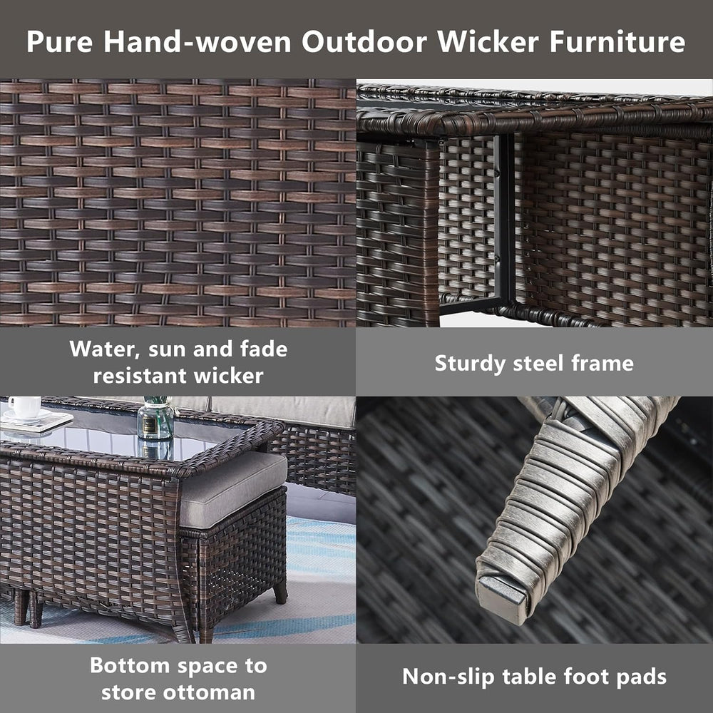 Belord Outdoor Coffee Table with Tempered Glass Top, Patio Rectangular Brown ...