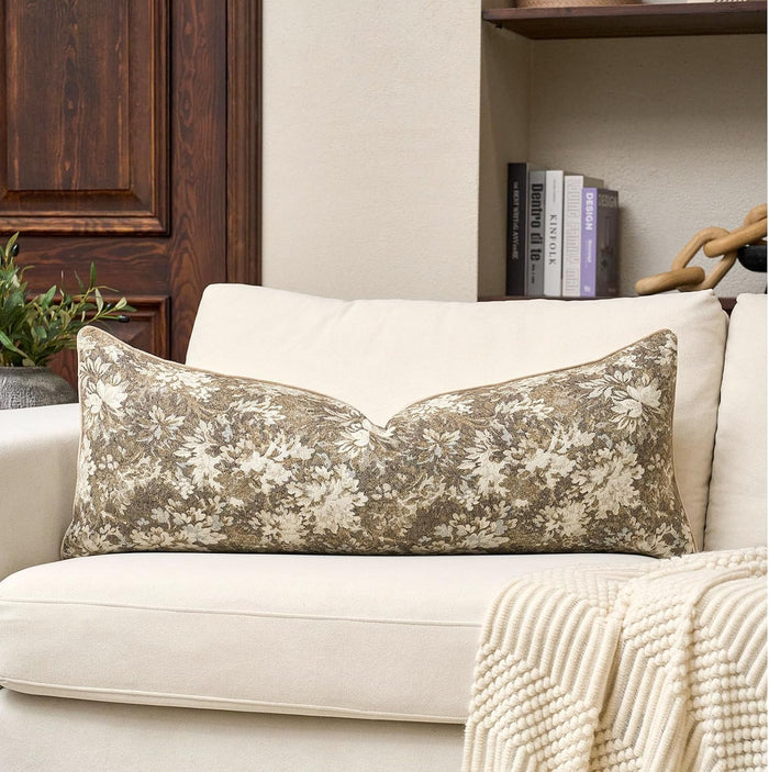 Yangest Neutral Floral Pillow Cover 14 x 36 Inches, Vintage Chenille Accent Throw Pillow Cover Soft Decorative Farmhouse Accent Couch Pillow Cover for Living Room Bedroom, Beige