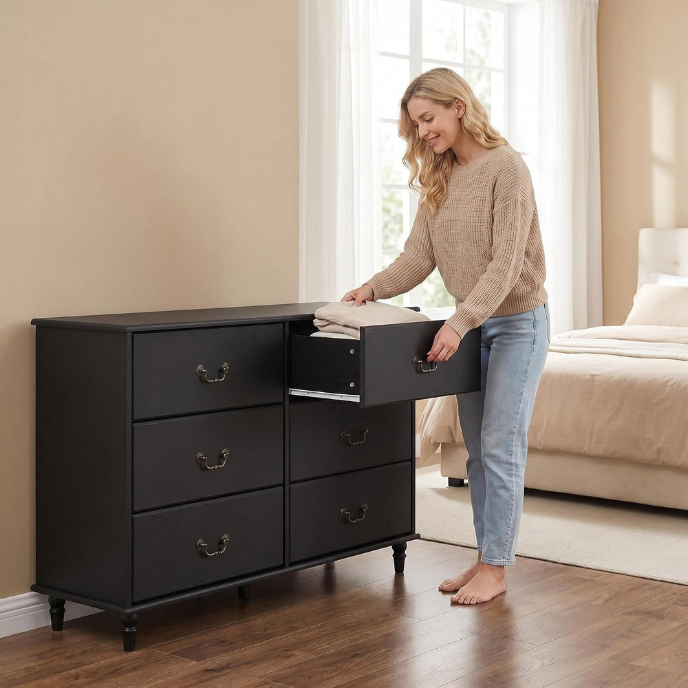 Farmhouse 6 Drawers Dresser for Bedroom Black