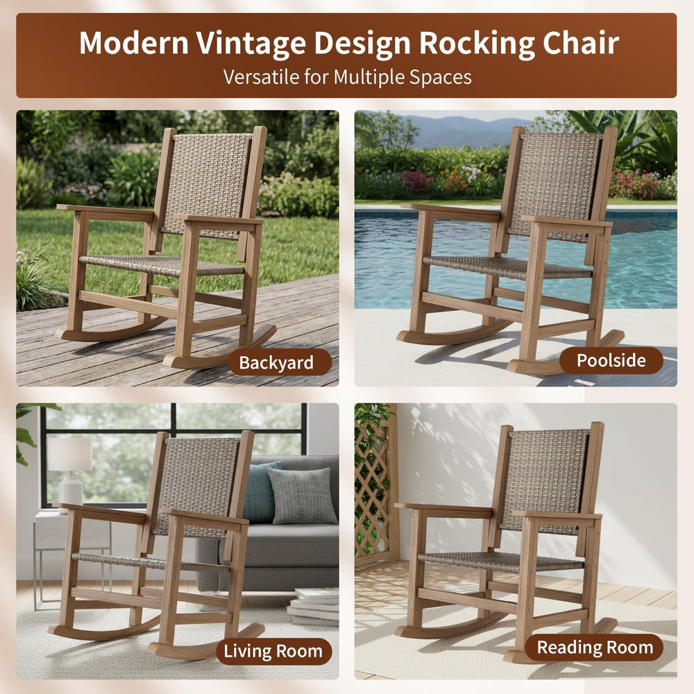 HDPE Outdoor Rocking Chair, All-Weather Wicker Porch Rocker, Brown