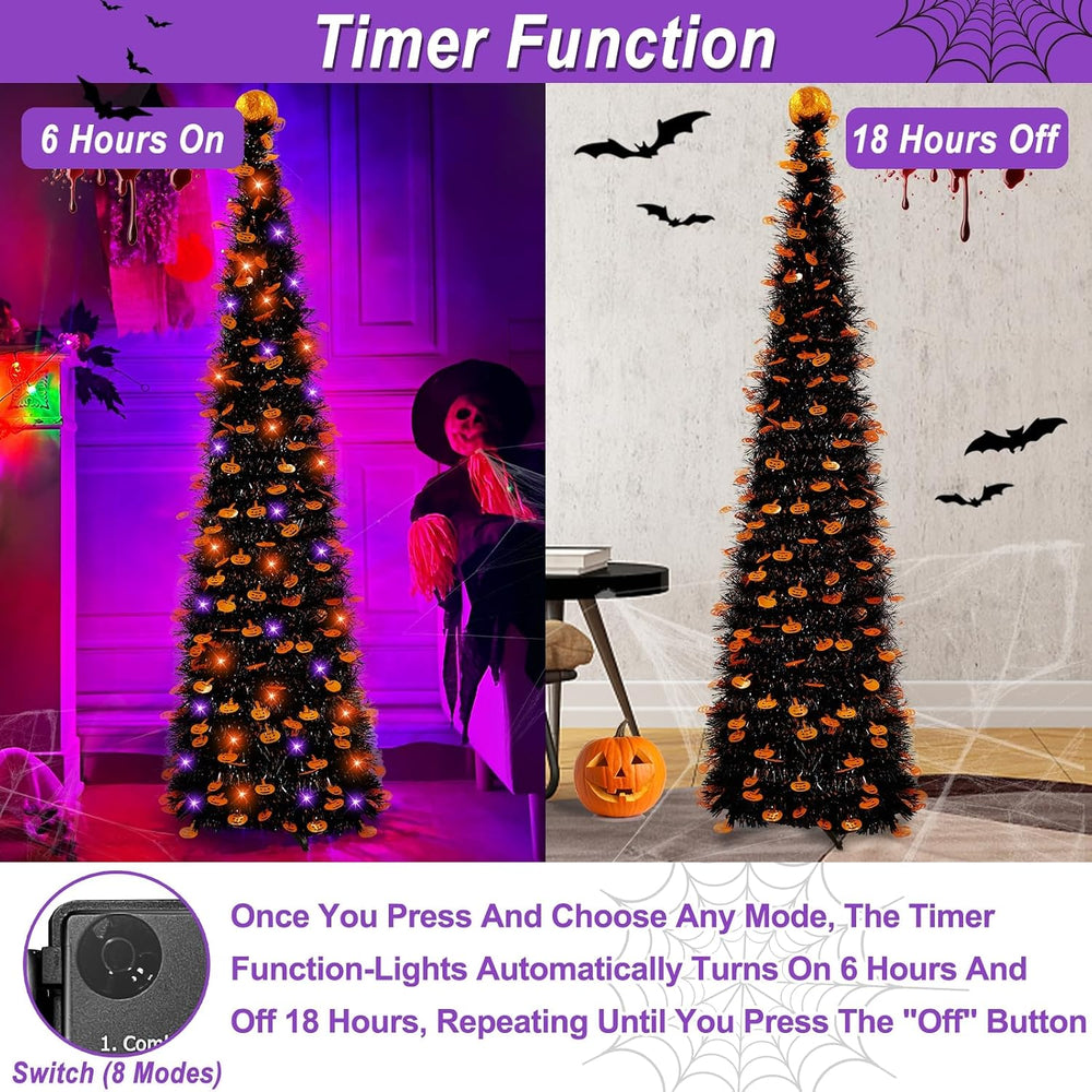 TURNMEON 5Ft Black Tinsel Halloween Tree with Lights Halloween Decorations