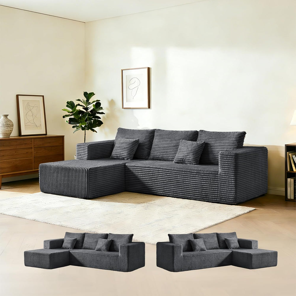 106" Dark Gray Corduroy Boneless Modular Sectional Sofa, Cloud-Louch Dee...