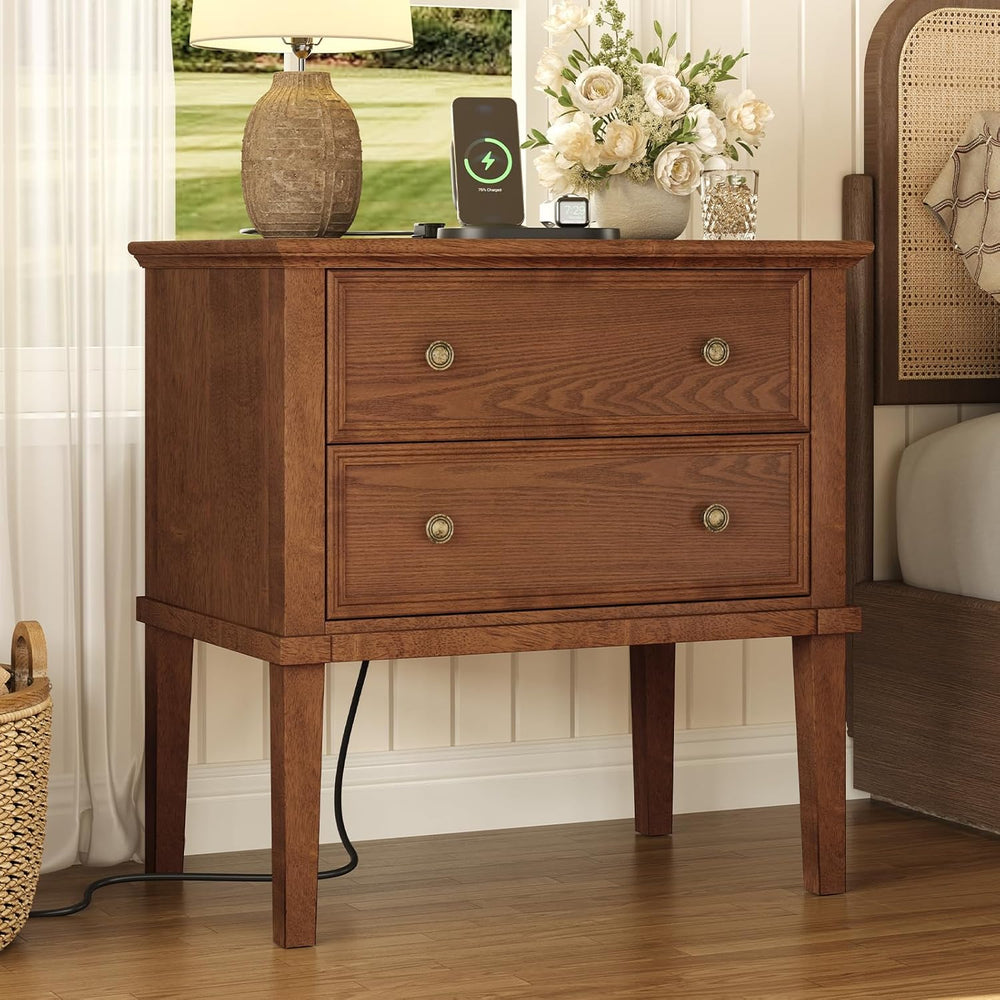 IKENO Solid Wood Nightstand with Charging Station, Farmhouse End Table with 2...