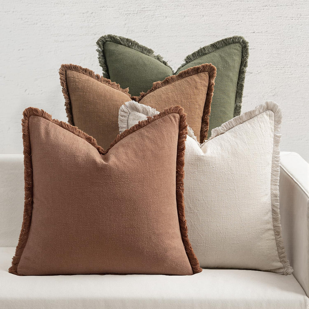 MIULEE Decorative Linen Fringe Throw Pillow Covers 18x18 Beige/Brown/Green