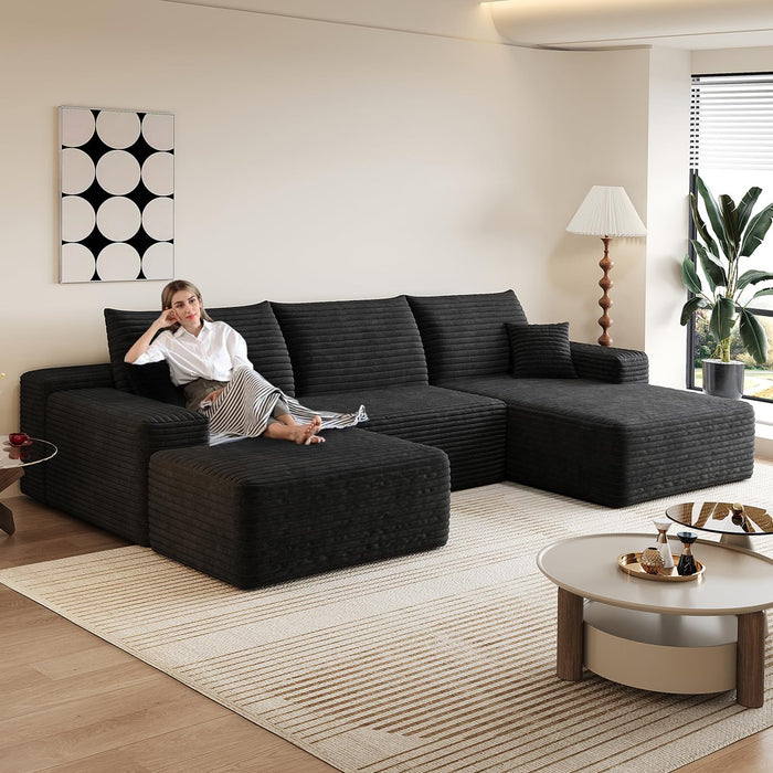 107.5" Comfy U-Shaped Sectional Modern Boneless Corduroy Couch with Chaise and Ottoman - No Assembly Required! Deep-Seat, Upholstered Modular Cloud Sofa for Living Room, Plush Corduroy Fabric(Black)