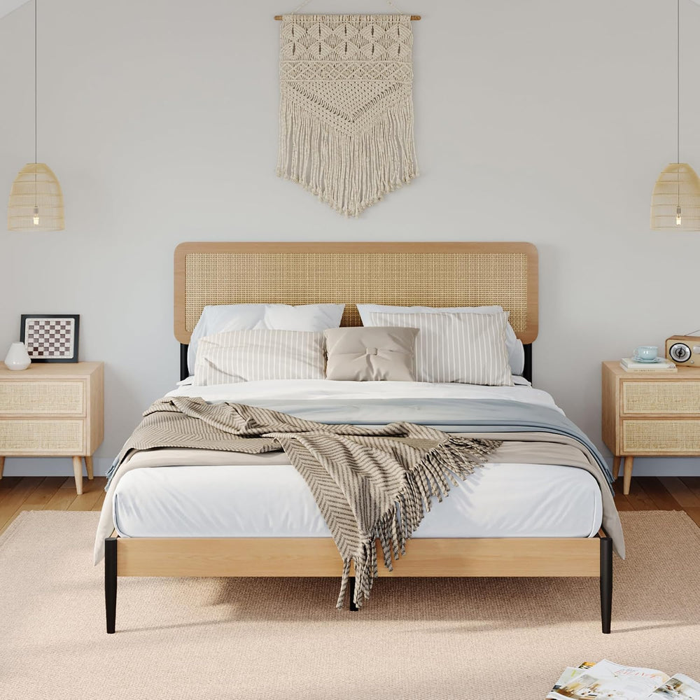 Queen Rattan Bed Frame, Woven Headboard, Wood Platform, No Box Spring