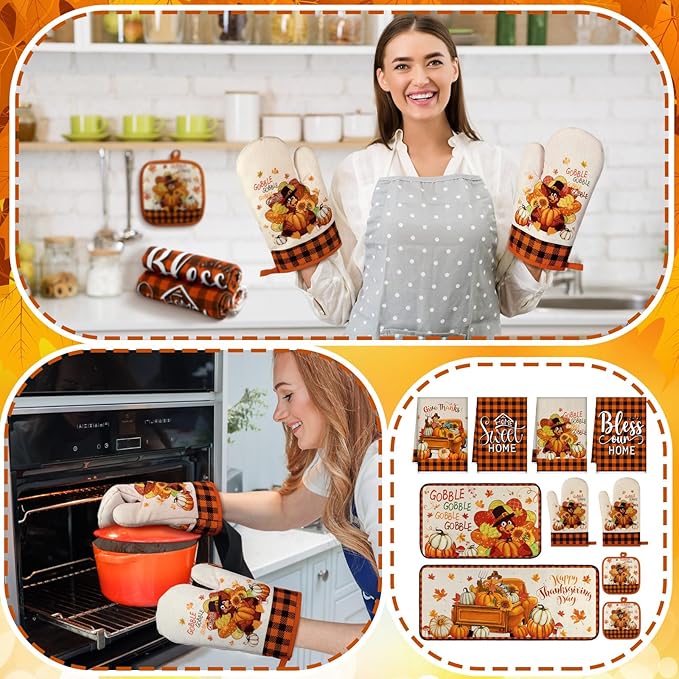 Fanfanwin 10 Pcs Fall Thanksgiving Turkey Kitchen Decor Set Kitchen Towels Pot
