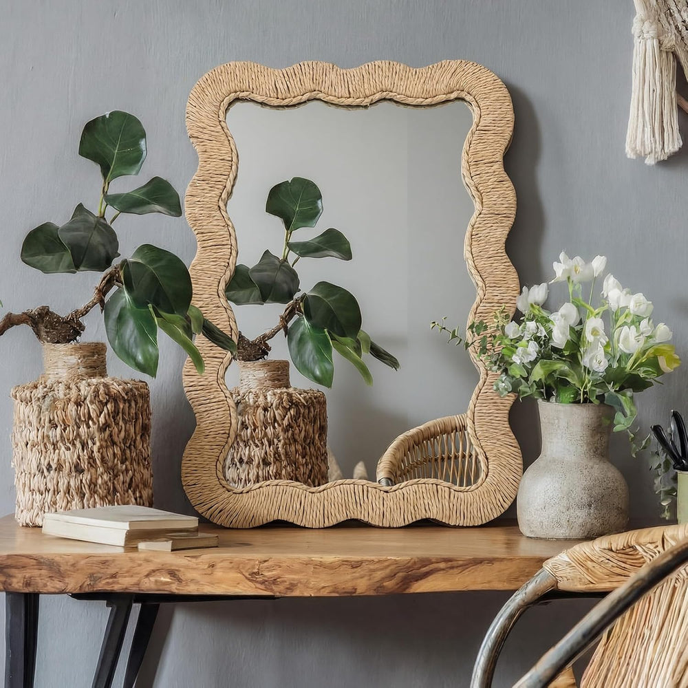 Junkin Boho Rattan Mirror for Bathroom, Rectangle, 10.4 x 15.8 in