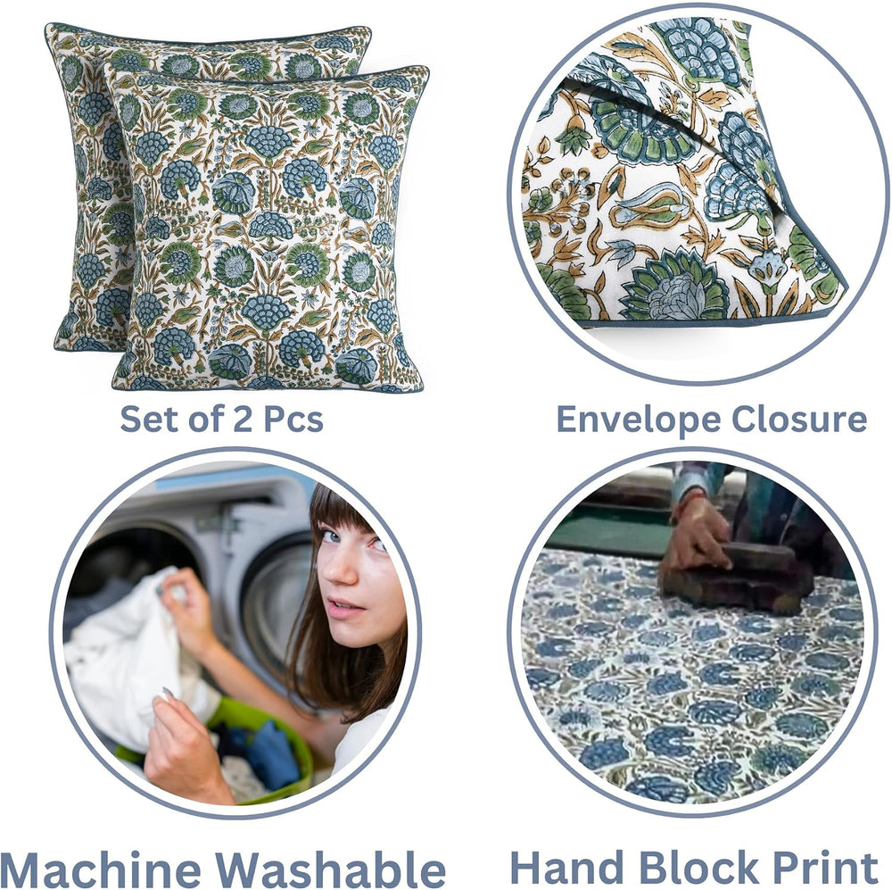 Ridhi Asparagus Green Block Print Cotton Pillow Cover 18x18 Inch Set of 2