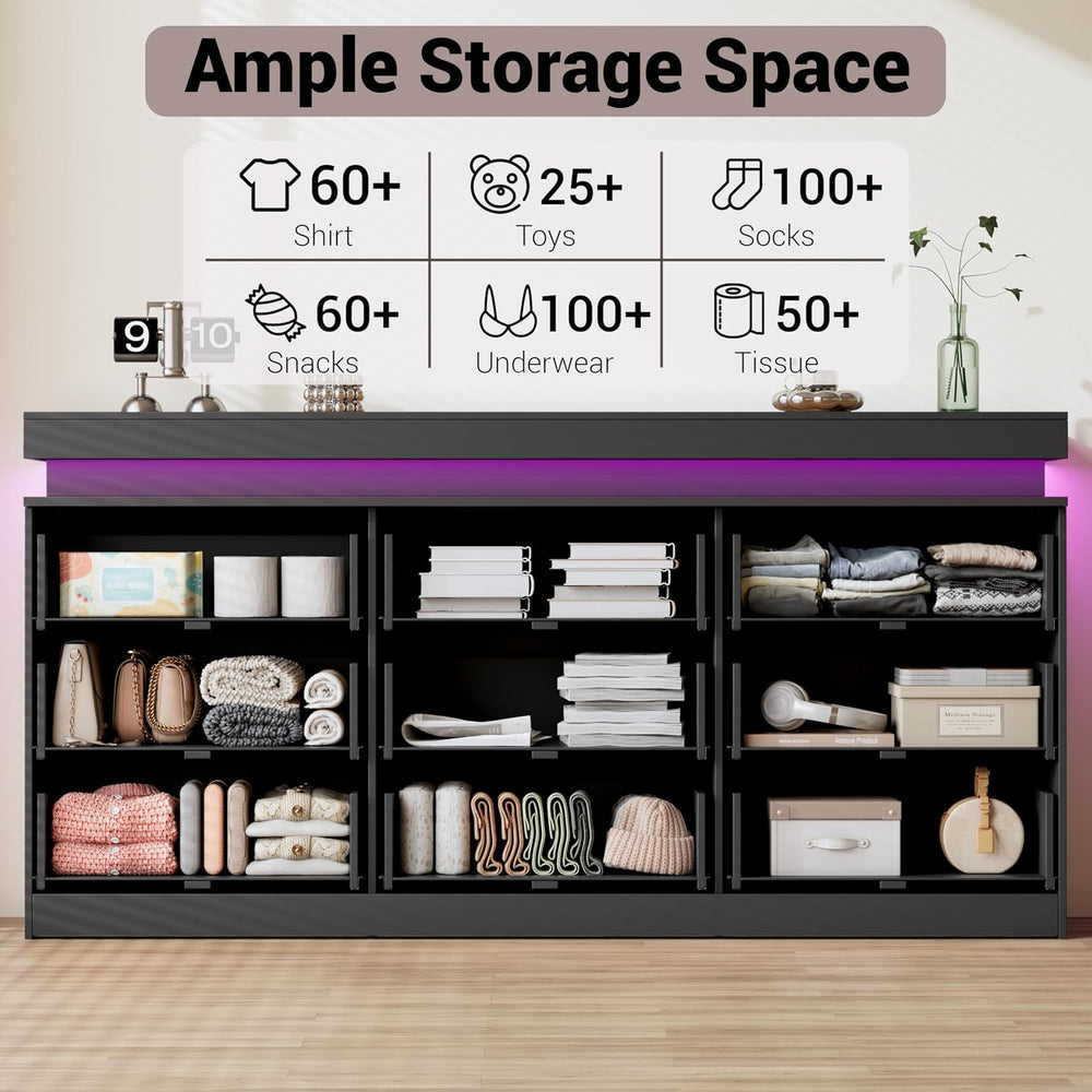 Fluted 9 Drawer Dresser for Bedroom with Charging Station, Black