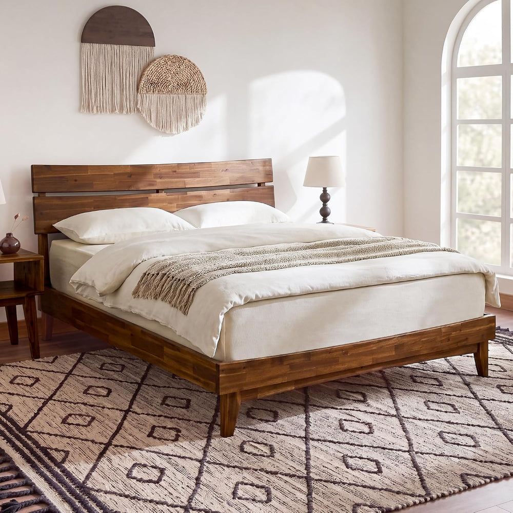 Aurora Acacia Solid Wood King Platform Bed Frame with Headboard, Walnut