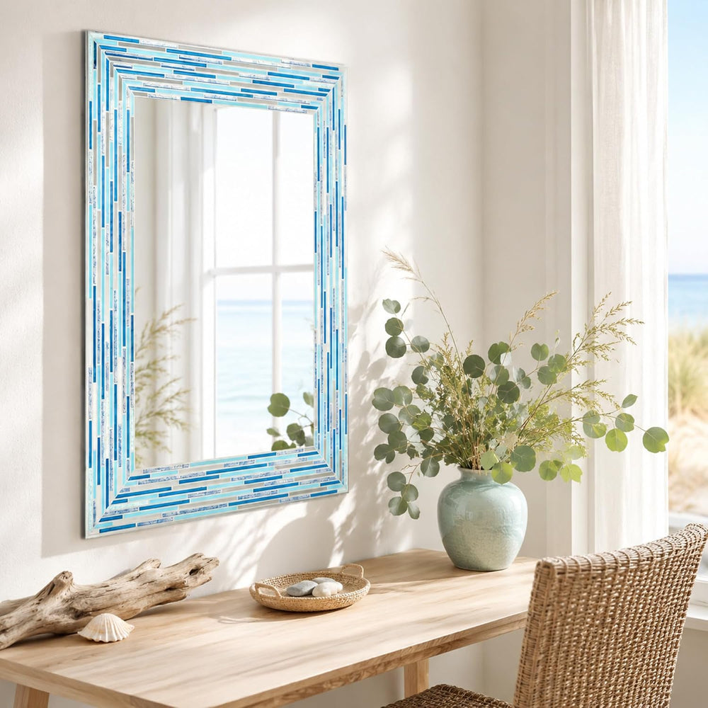 Head West 24"x30" Frameless Blues Mosaic Bathroom Vanity Mirror, Re...