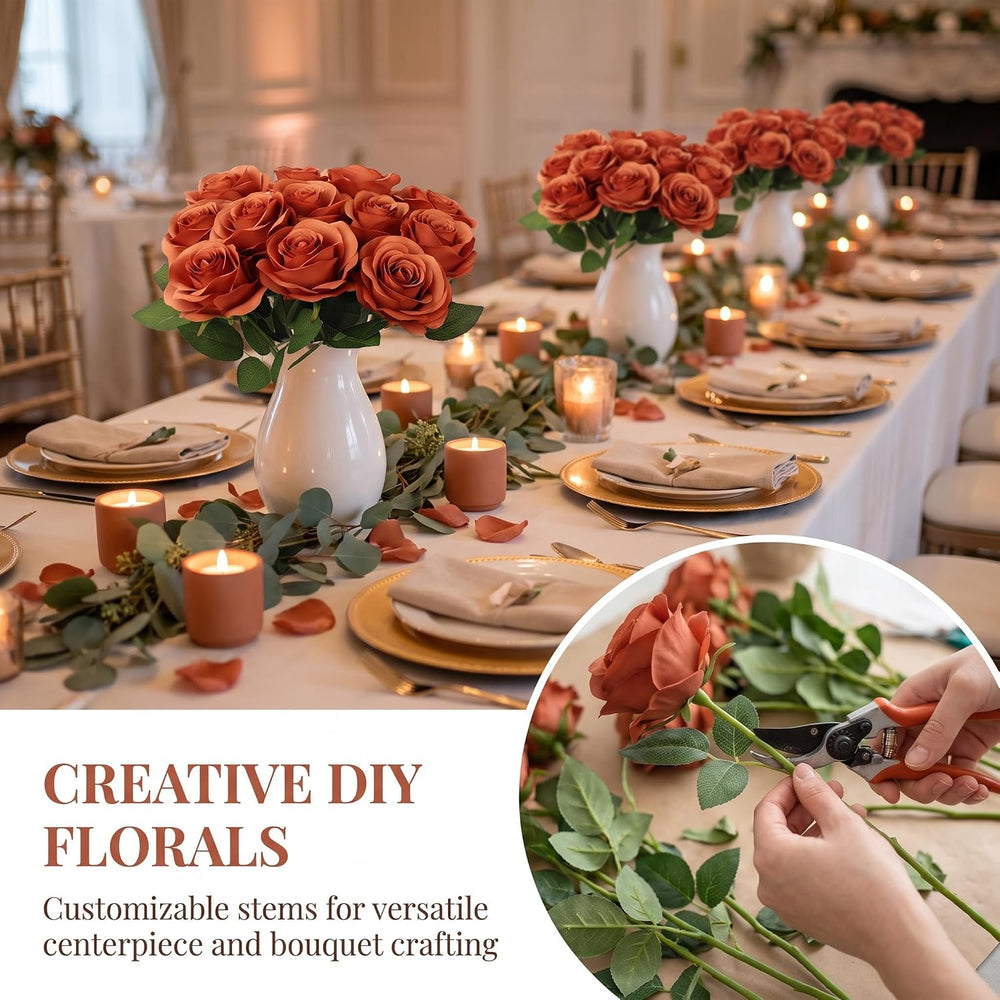 JUSMAI 30pcs Fake Roses Burnt Orange Artificial Flowers Fall Flowers