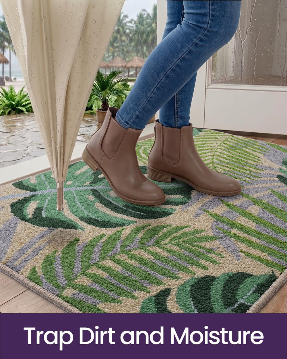 DEXI Front Door Mats Indoor Entrance, 24x36 Low Profile Doormat, Monstera