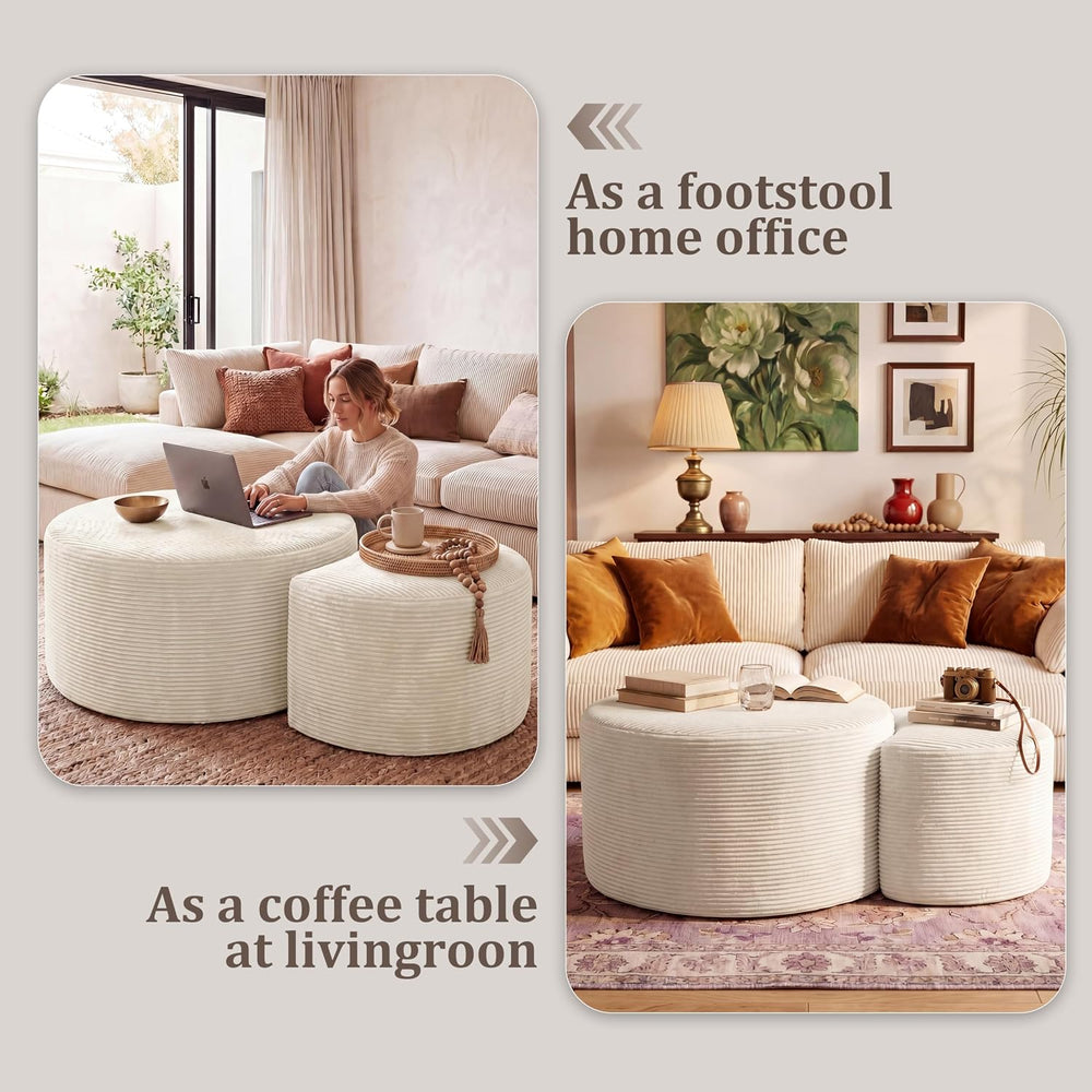 BSHOMGI Round Coffee Table Set of 2, Movable Ottoman for Corduroy Cloud Secti...