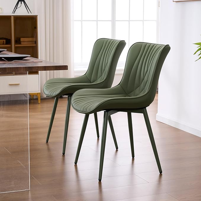 YOUTASTE Upholstered Leather Dining Chairs Set of 2 All Olive Green, Mid Cent...
