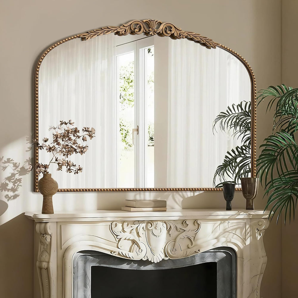 Besdomus Gold Large Fireplace Mirror: 48"x33" Baroque Vintage Arche...