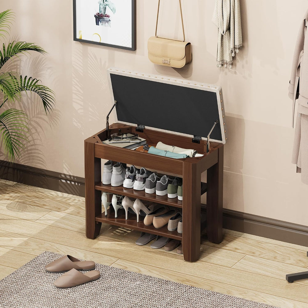 Shoe Bench for Entryway, Solid Rubberwood Shoe Bench with Hidden Storage, Adj...