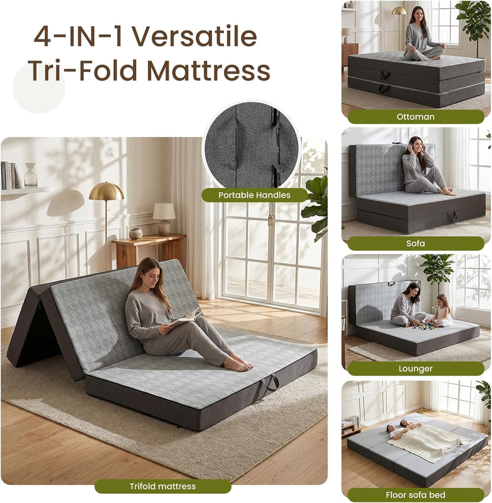 6" Trifold Mattress Twin Size, Thick Memory Foam Futon Topper with Porta...