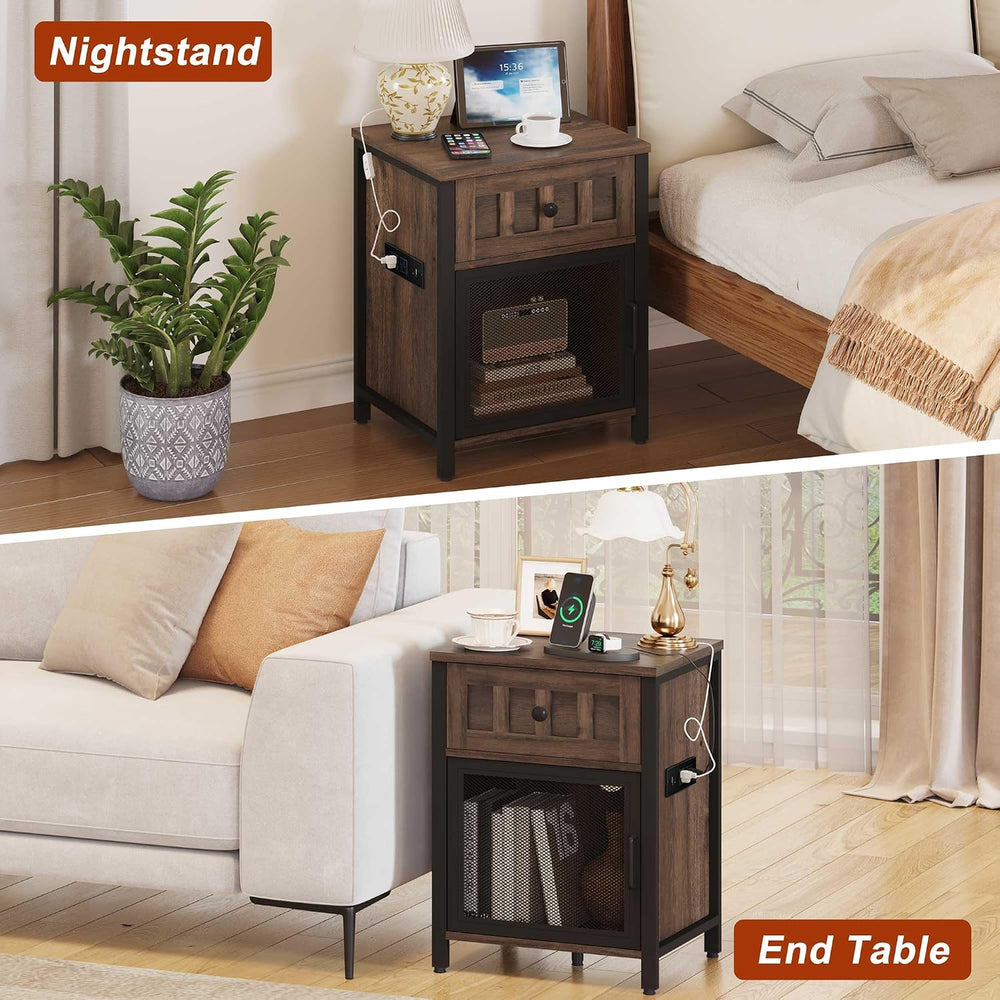 FATORRI End Table with Charging Station, Farmhouse Side Table with Drawer, Ru...