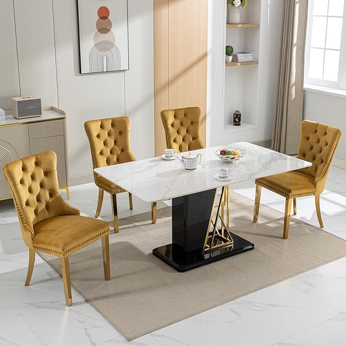 Luxury Upholstered Dining Chairs Set of 2, Yellow Kitchen Chair with Golden M...