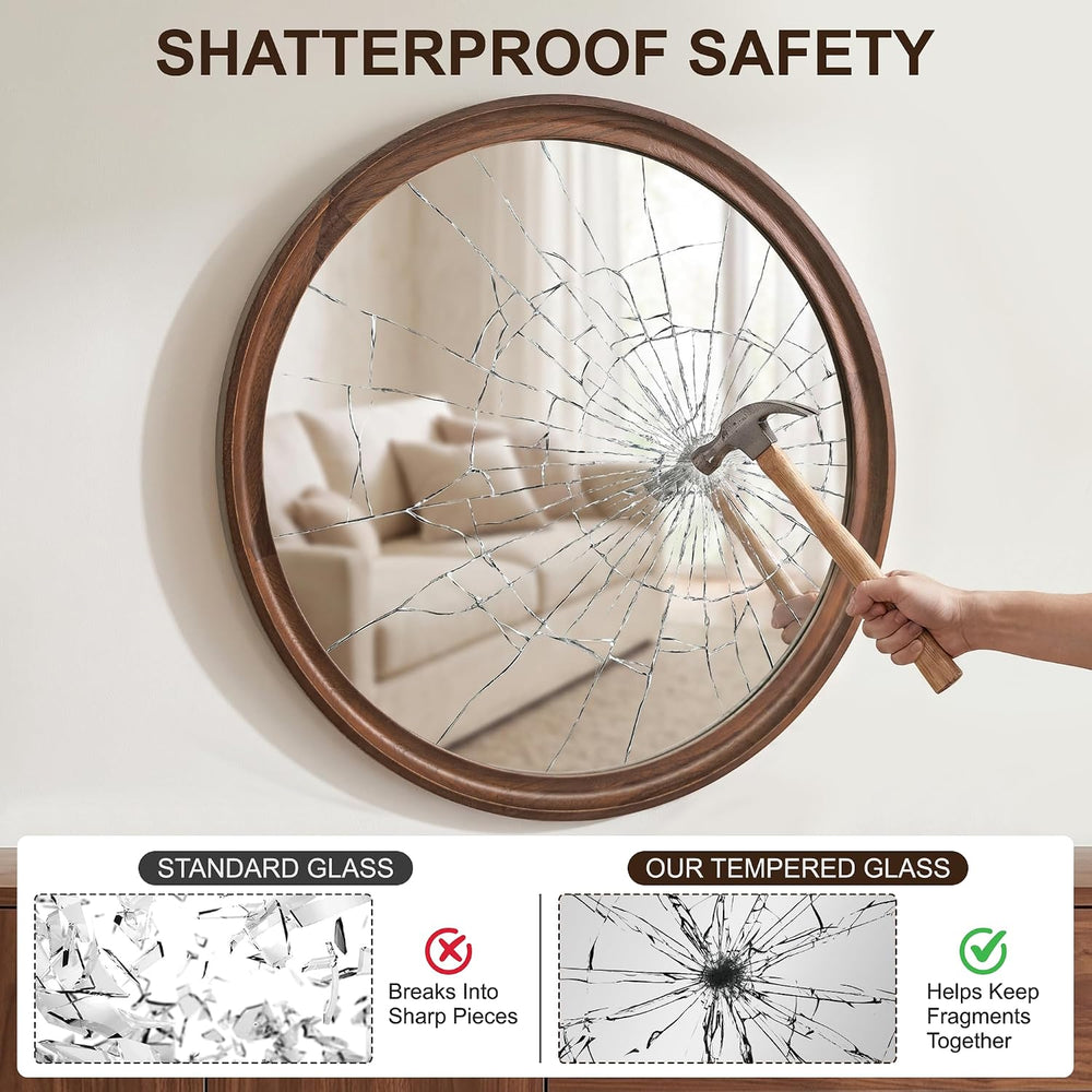 FICTOR Round Wood Mirror, 26" Circle Mirrors for Wall Decor, Walnut Brown