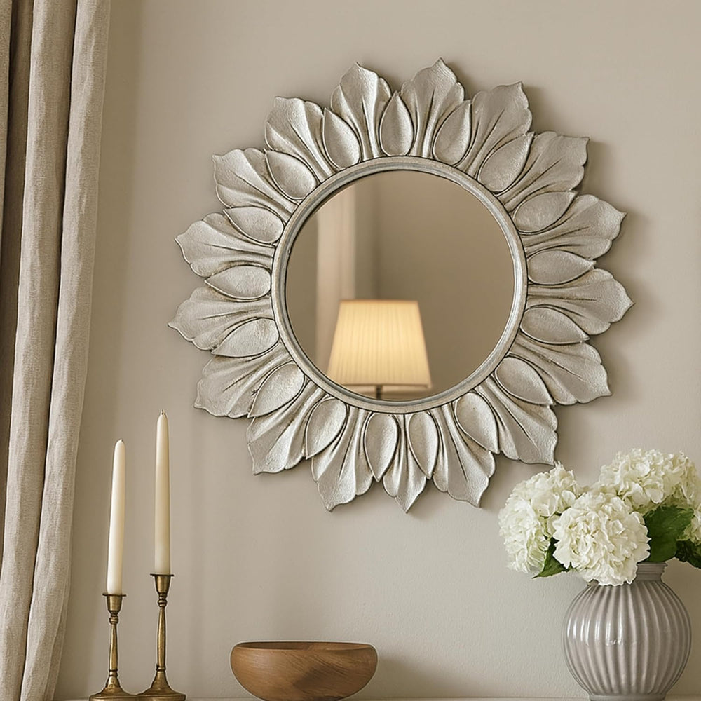 Sunflower Sunburst Wall Mirror, 22" Distressed Silver Wooden Frame