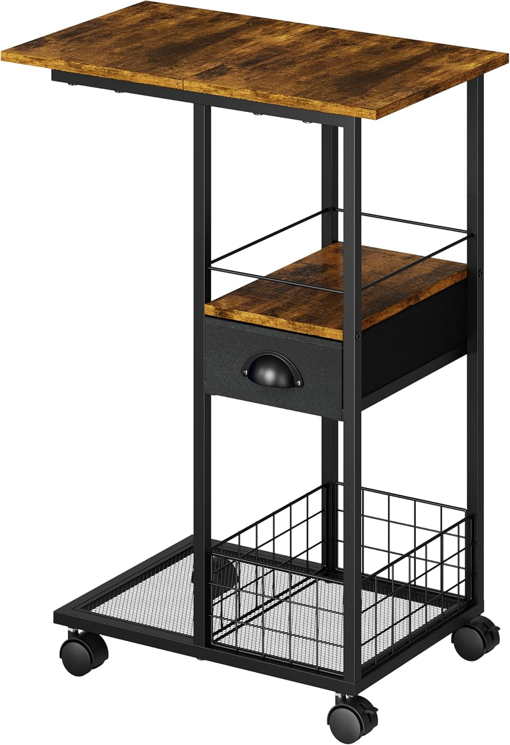 C Shaped Sofa Side Table with Wheels, Rolling Small Coffee Table with Drawer,...