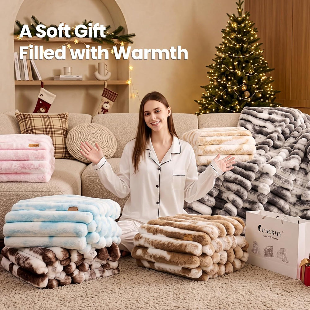 L'AGRATY Faux Fur Throw Blanket for Couch, 3D Striped, 50x60 Inches, Taupe