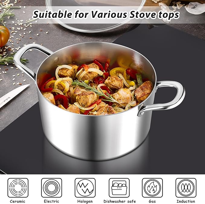 E-far 6 Quart Stock Pot, Tri-Ply Stainless Steel Cooking Pot