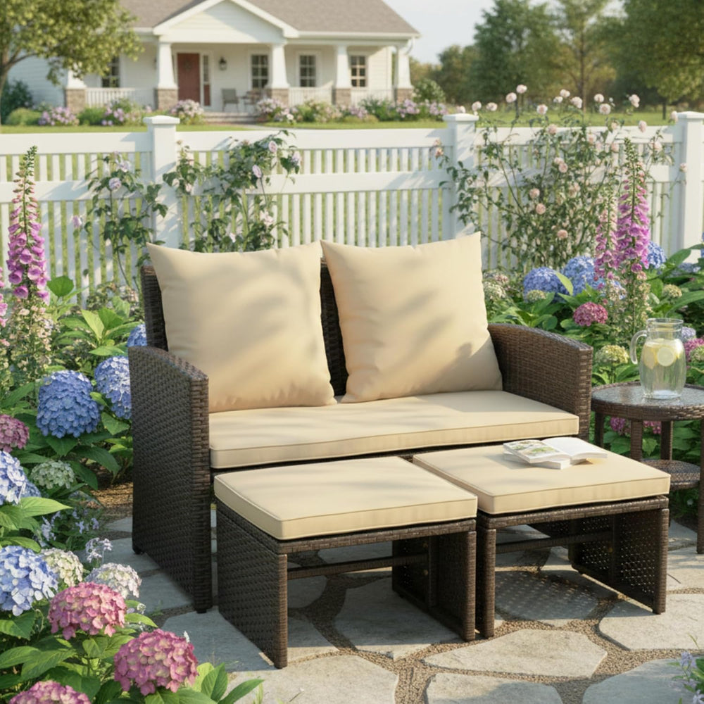 Tangkula Outdoor Loveseat with 2 Ottomans, 3 Pieces Patio PE Wicker Furniture...