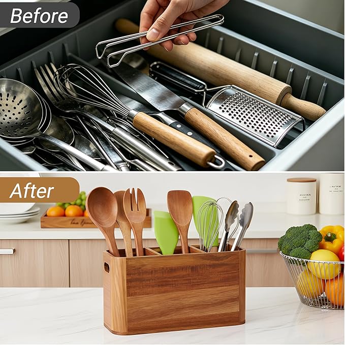 2PC Wooden Kitchen Utensil Holder